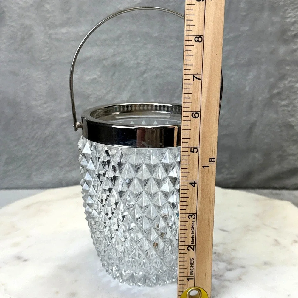 Vintage‎ English Cut Glass Ice Bucket Silver Rim Swing Handle Diamond Point Bar
